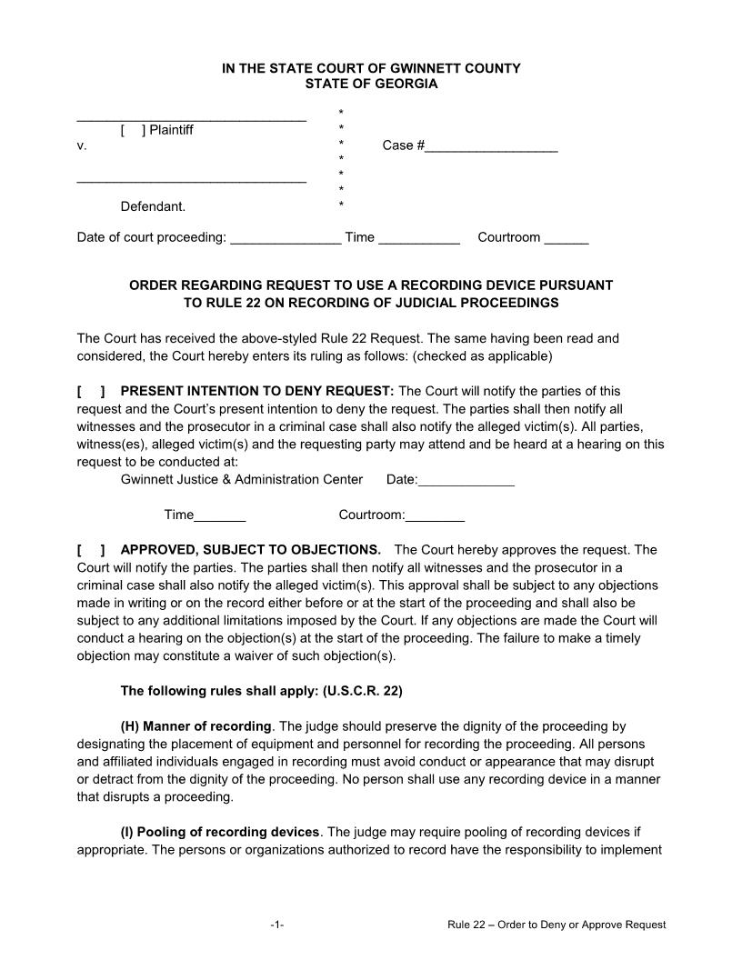 Order Regarding Request To Use A Recording Device | Pdf Fpdf Docx | Georgia