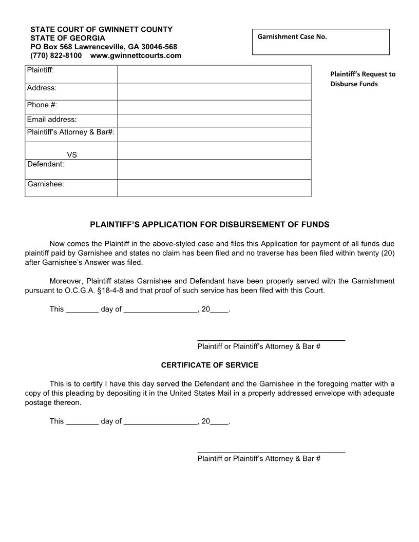 Plaintiffs Application For Disbursement Of Funds | Pdf Fpdf Doc Docx | Georgia