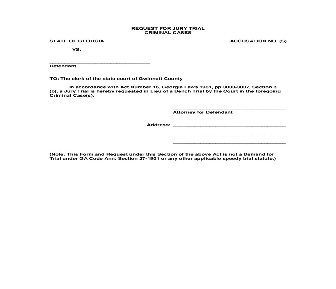 Request For Jury Trial - Criminal Cases | Pdf Fpdf Doc Docx | Georgia