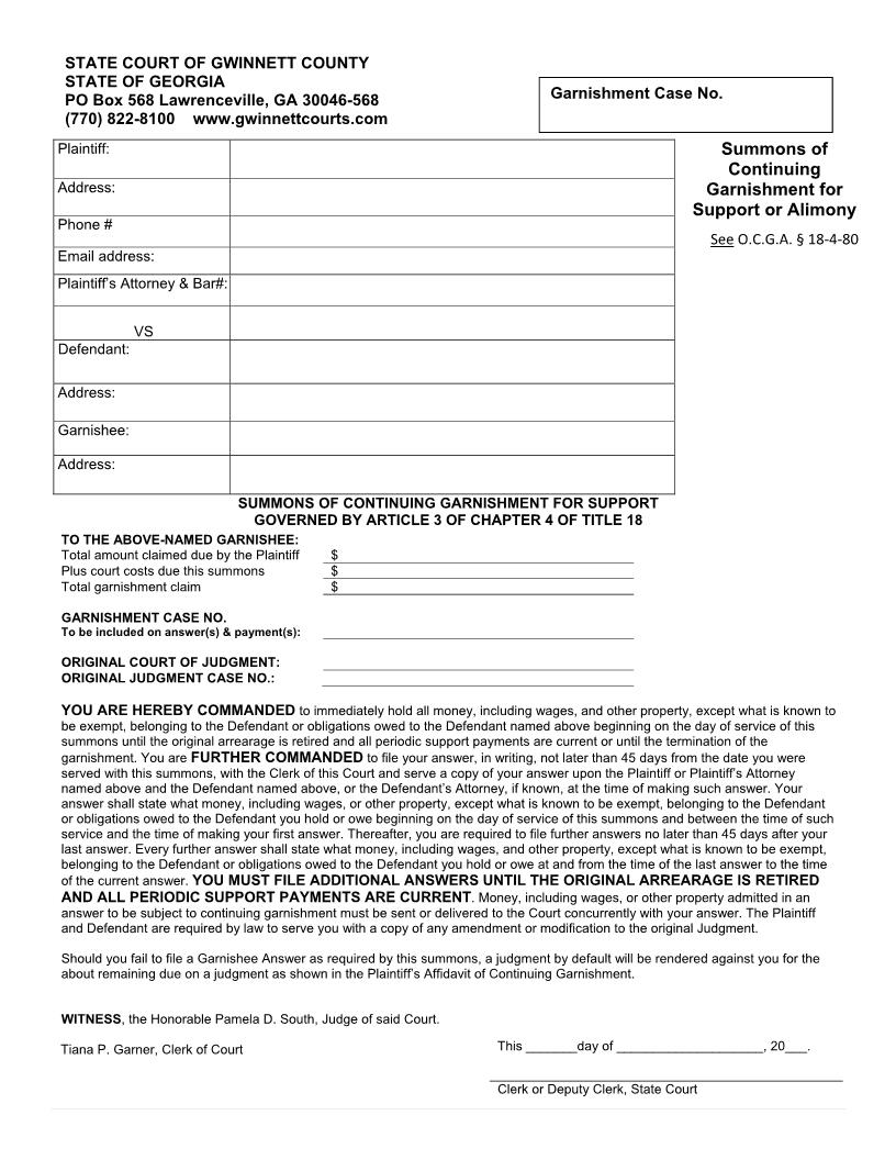 Summons Of Continuing Garnishment For Support | Pdf Fpdf Doc Docx | Georgia