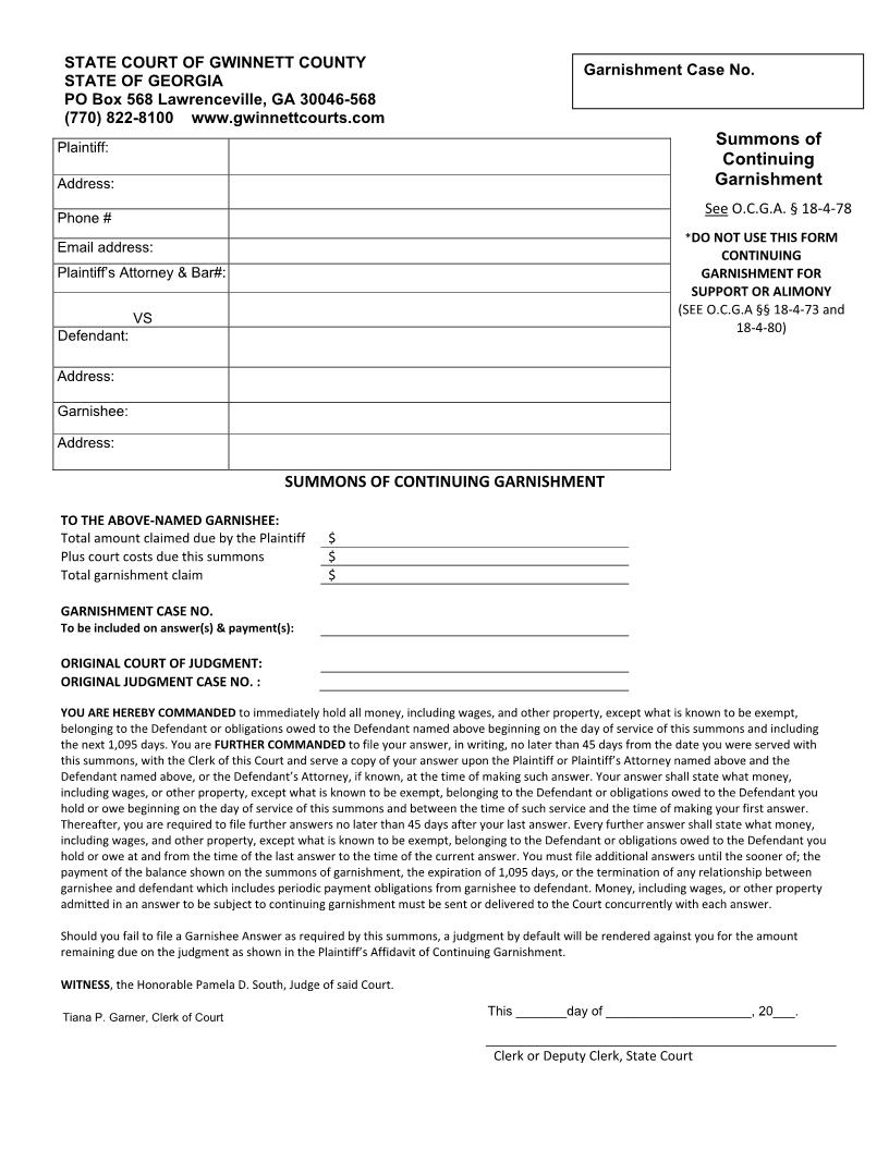 Summons Of Continuing Garnishment | Pdf Fpdf Doc Docx | Georgia