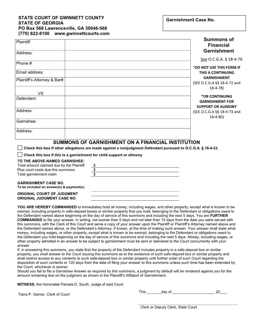Summons Of Garnishment On A Financial Institution | Pdf Fpdf Doc Docx | Georgia