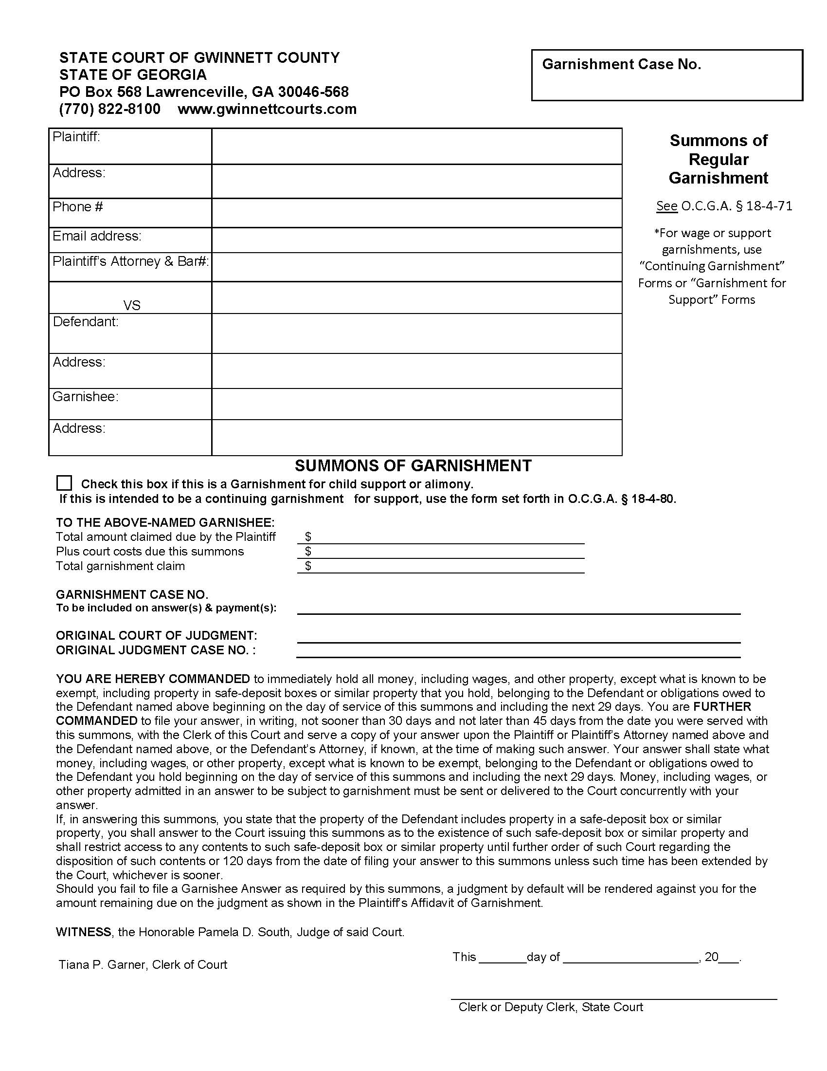 Summons Of Regular Garnishment | Pdf Fpdf Doc Docx | Georgia