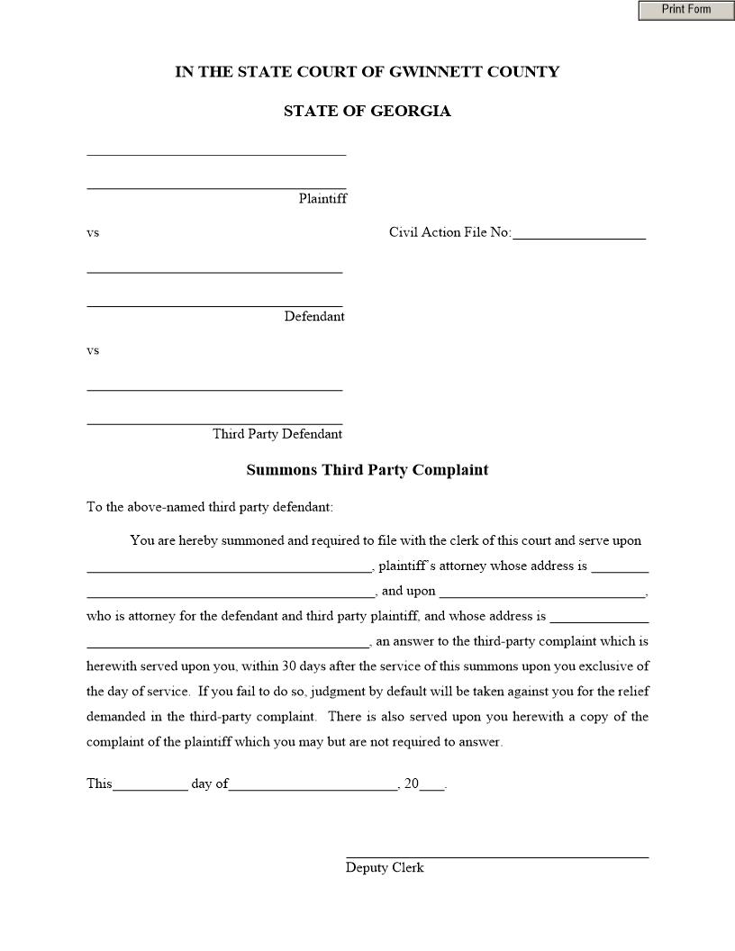 Summons Third Party Complaint | Pdf Fpdf Doc Docx | Georgia