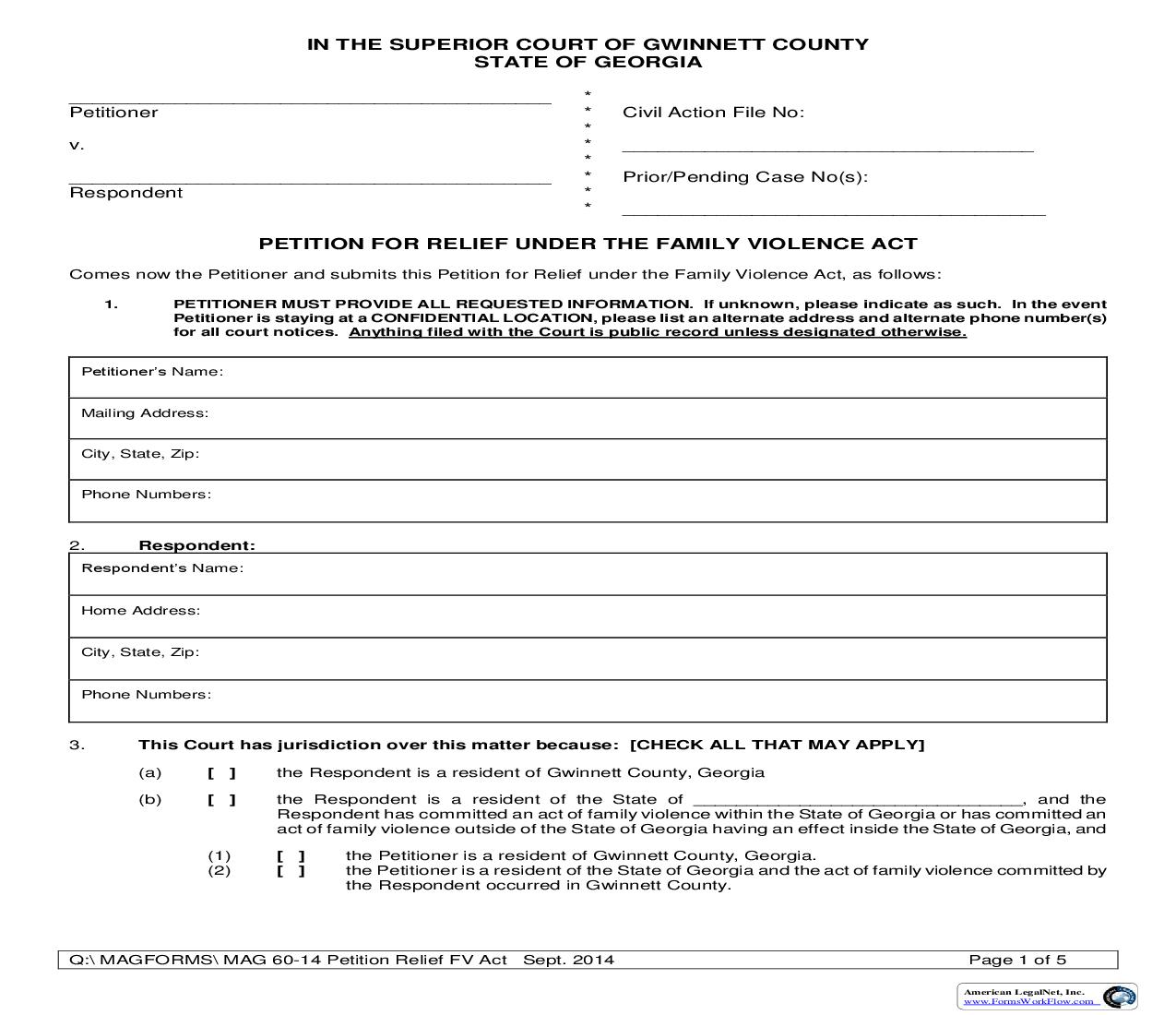 Petition For Relief Under Family Violence Act {MAG 60-14} | Pdf Fpdf Doc Docx | Georgia