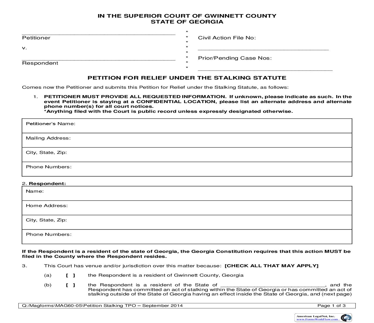 Petition For Relief Under The Stalking Statute {MAG 60-05} | Pdf Fpdf Doc Docx | Georgia