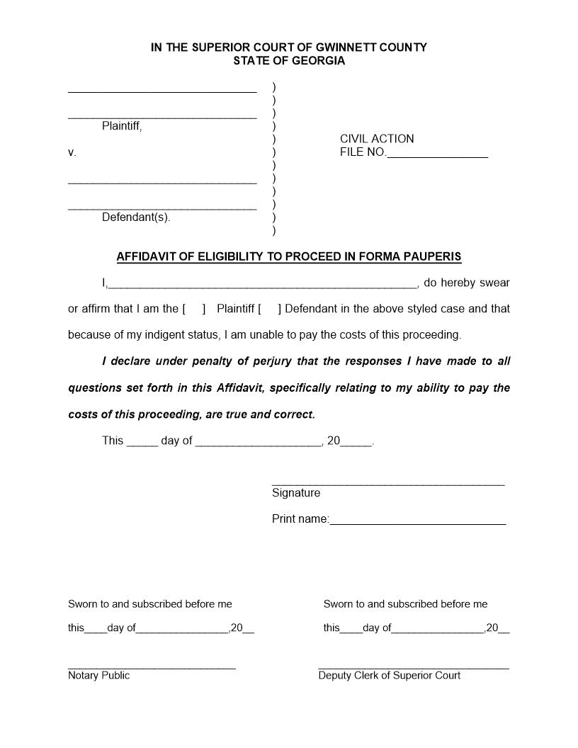 Affidavit Of Eligibility To Proceed In Forma Pauperis | Pdf Fpdf Doc Docx | Georgia