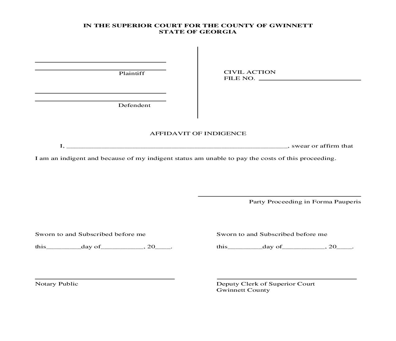 Affidavit Of Indigence | Pdf Fpdf Doc Docx | Georgia