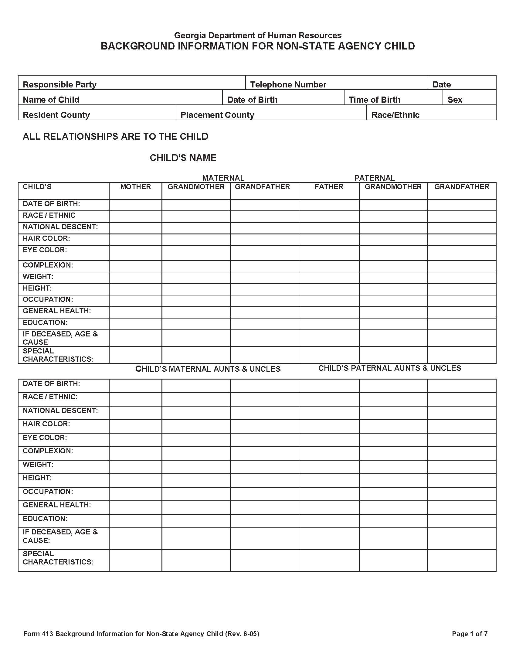 Background Information For Non-state Agency Child (Criminal History Check) {413} | Pdf Fpdf Doc Docx | Georgia