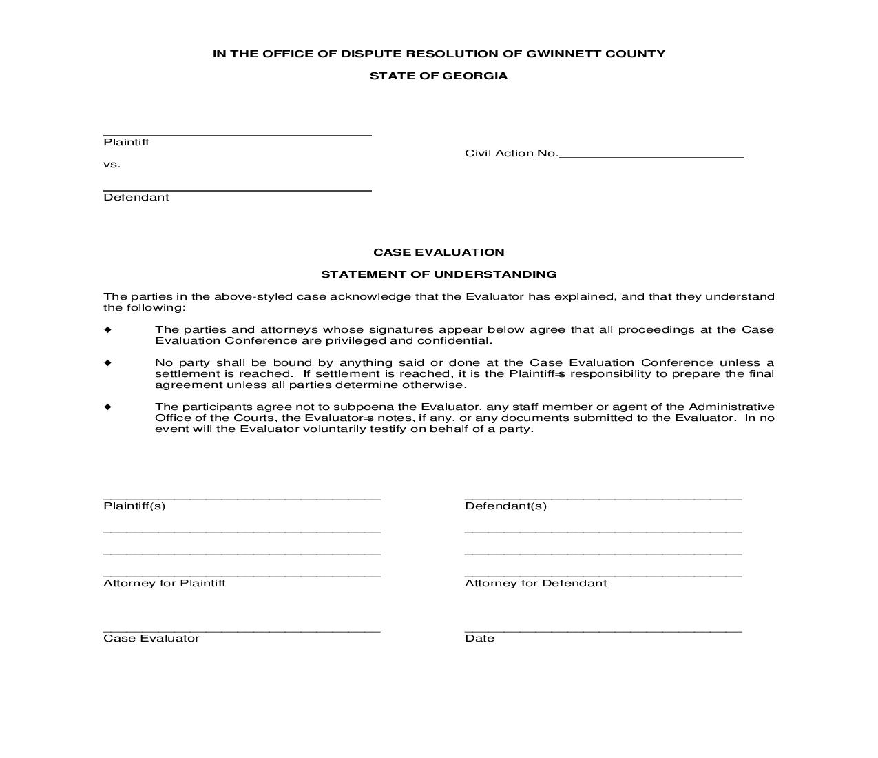 Case Evaluation Statement Of Understanding | Pdf Fpdf Doc Docx | Georgia