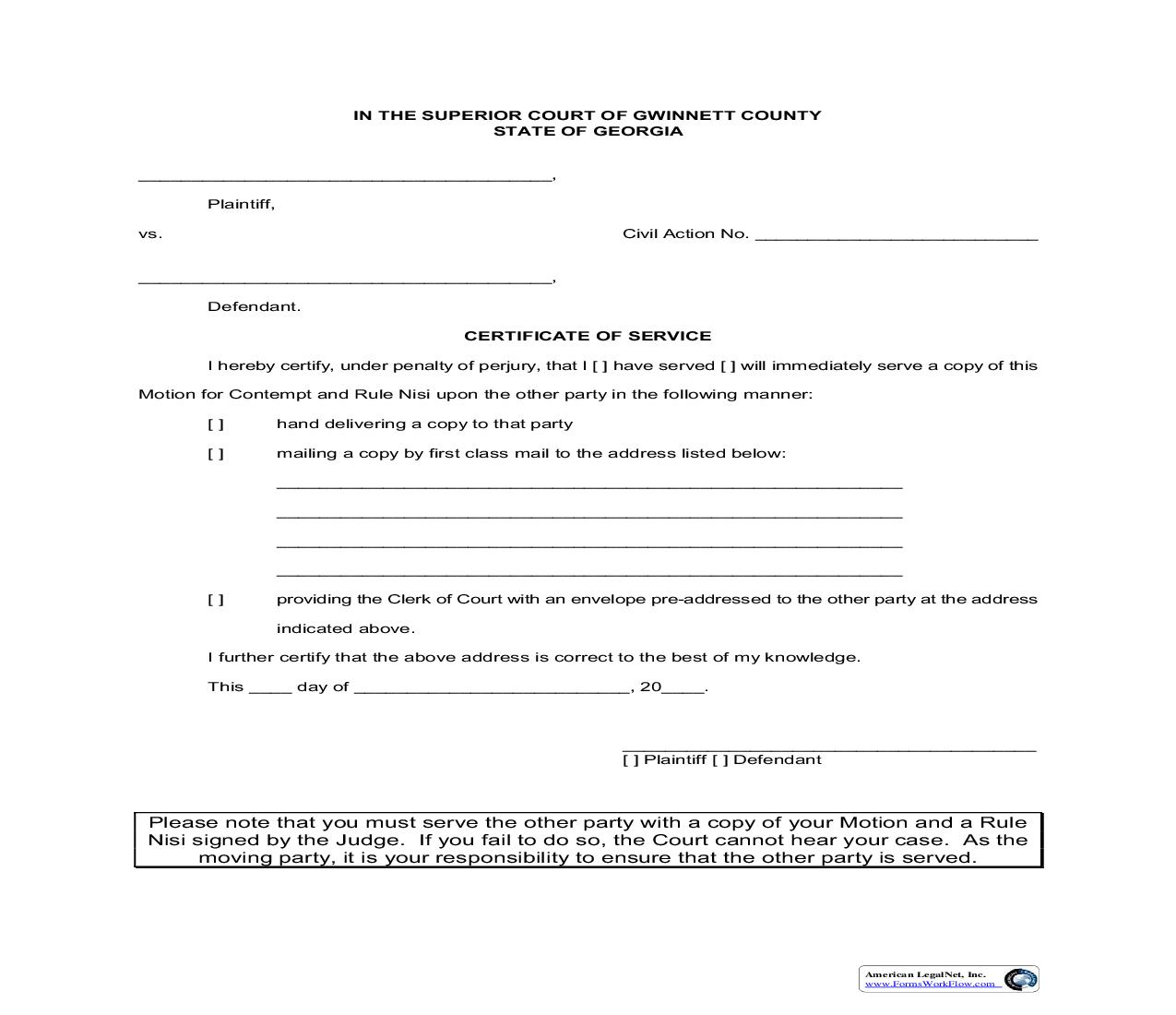 Certificate Of Service | Pdf Fpdf Doc Docx | Georgia