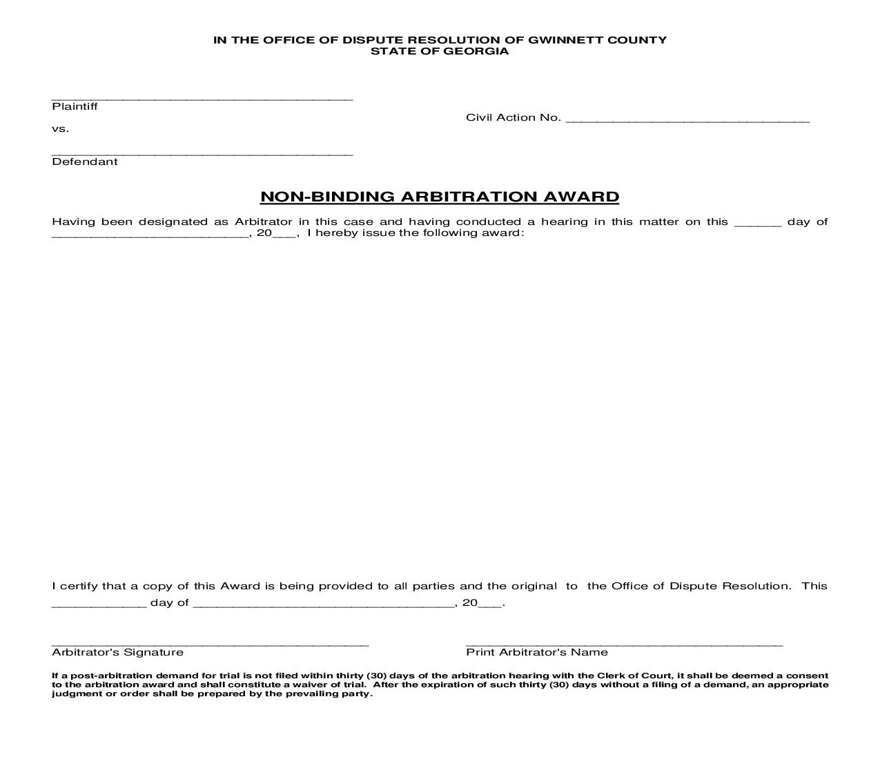 Non Binding Arbitration Award | Pdf Fpdf Doc Docx | Georgia