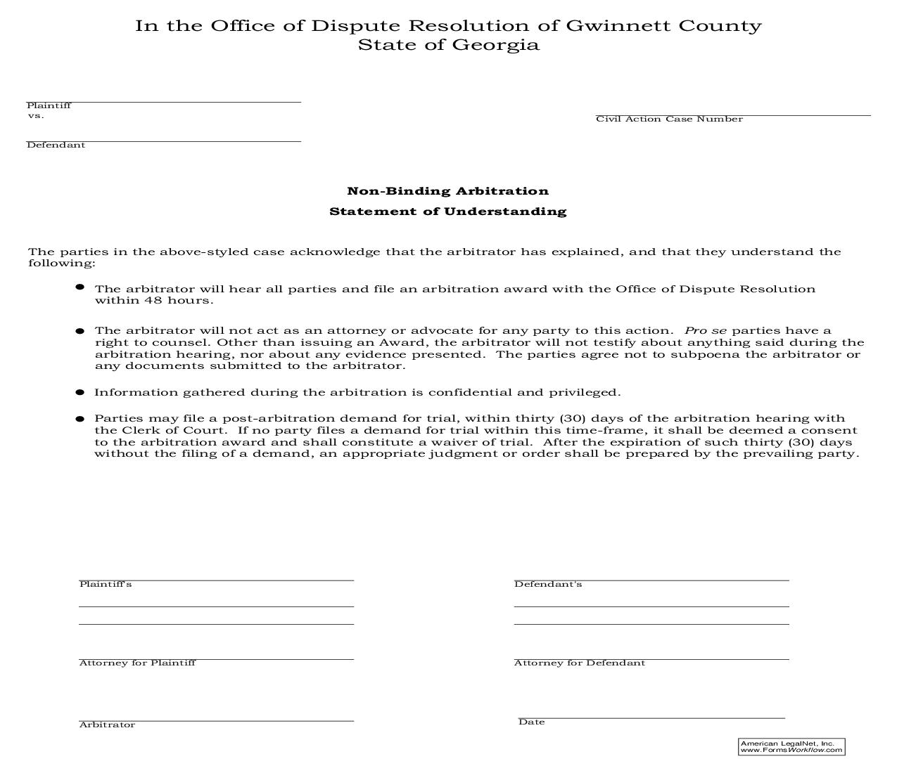 Non Binding Arbitration Statement Of Understanding | Pdf Fpdf Doc Docx | Georgia