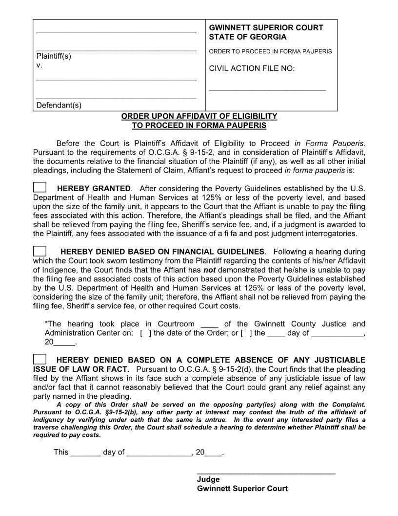 Order Upon Affidavit Of Eligibility To Proceed In Forma Pauperis | Pdf Fpdf Docx | Georgia