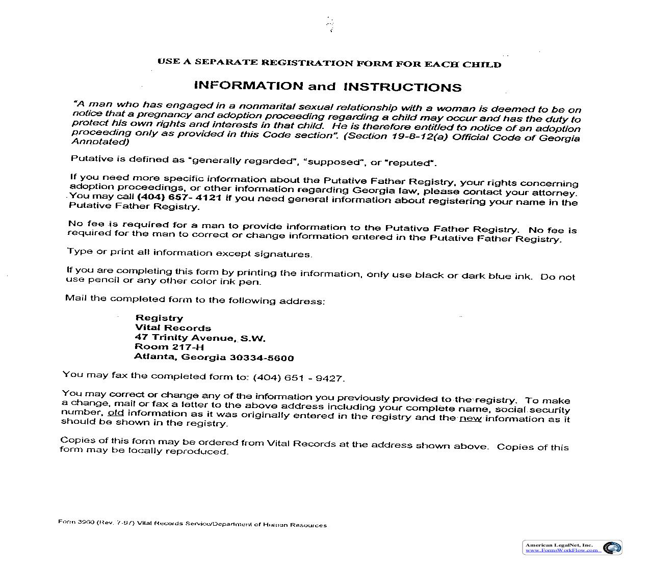 Putative Father Registry - Registration Form | Pdf Fpdf Doc Docx | Georgia