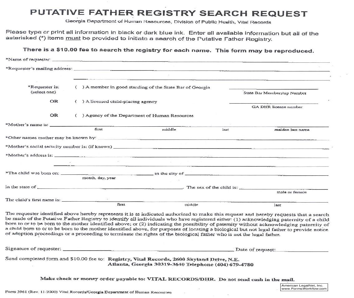 Putative Father Registry - Search Request | Pdf Fpdf Doc Docx | Georgia