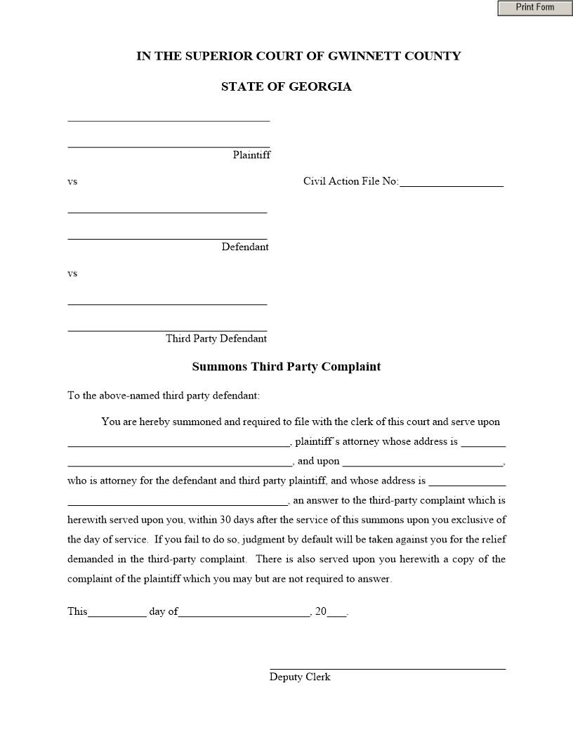Summons Third-Party Complaint | Pdf Fpdf Doc Docx | Georgia