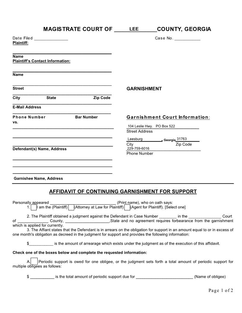 Affidavit Of Continuing Garnishment For Support | Pdf Fpdf Doc Docx | Georgia