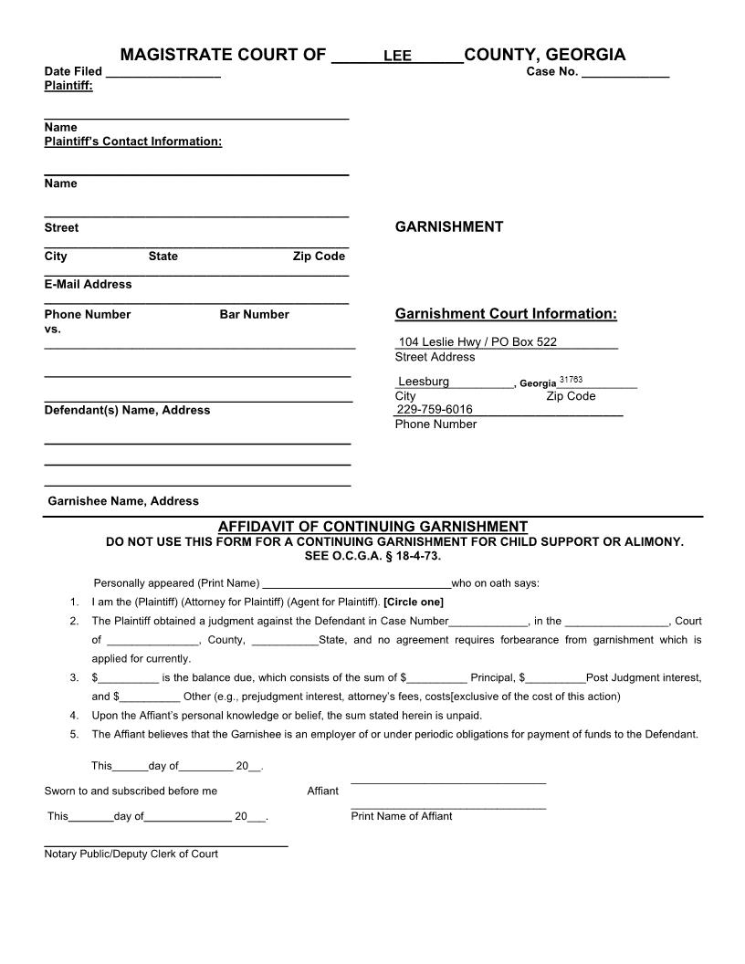 Affidavit Of Continuing Garnishment | Pdf Fpdf Doc Docx | Georgia