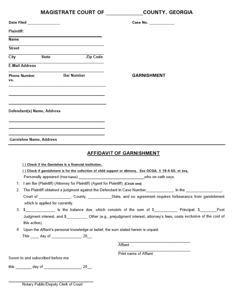 Affidavit Of Garnishment | Pdf Fpdf Doc Docx | Georgia