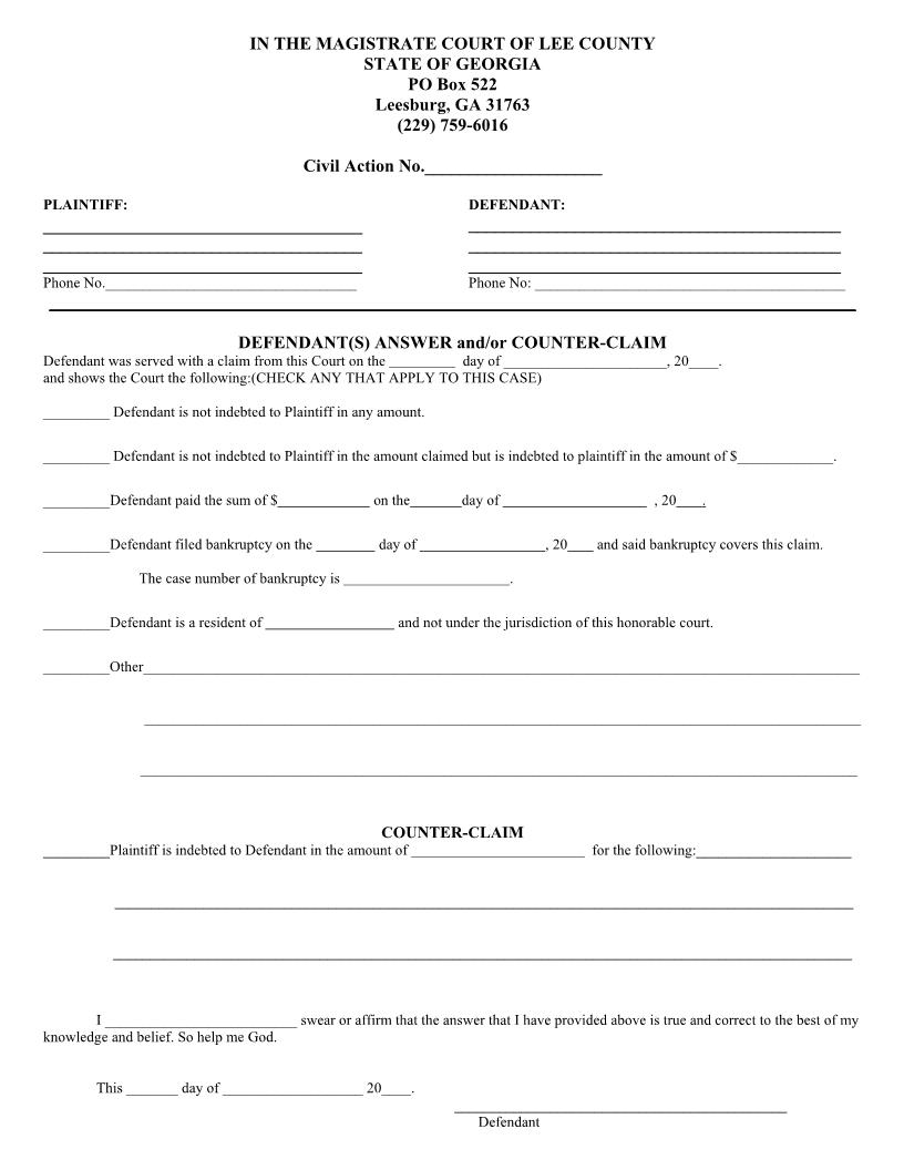 Answer And-Or Counterclaim Of Defendant | Pdf Fpdf Doc Docx | Georgia
