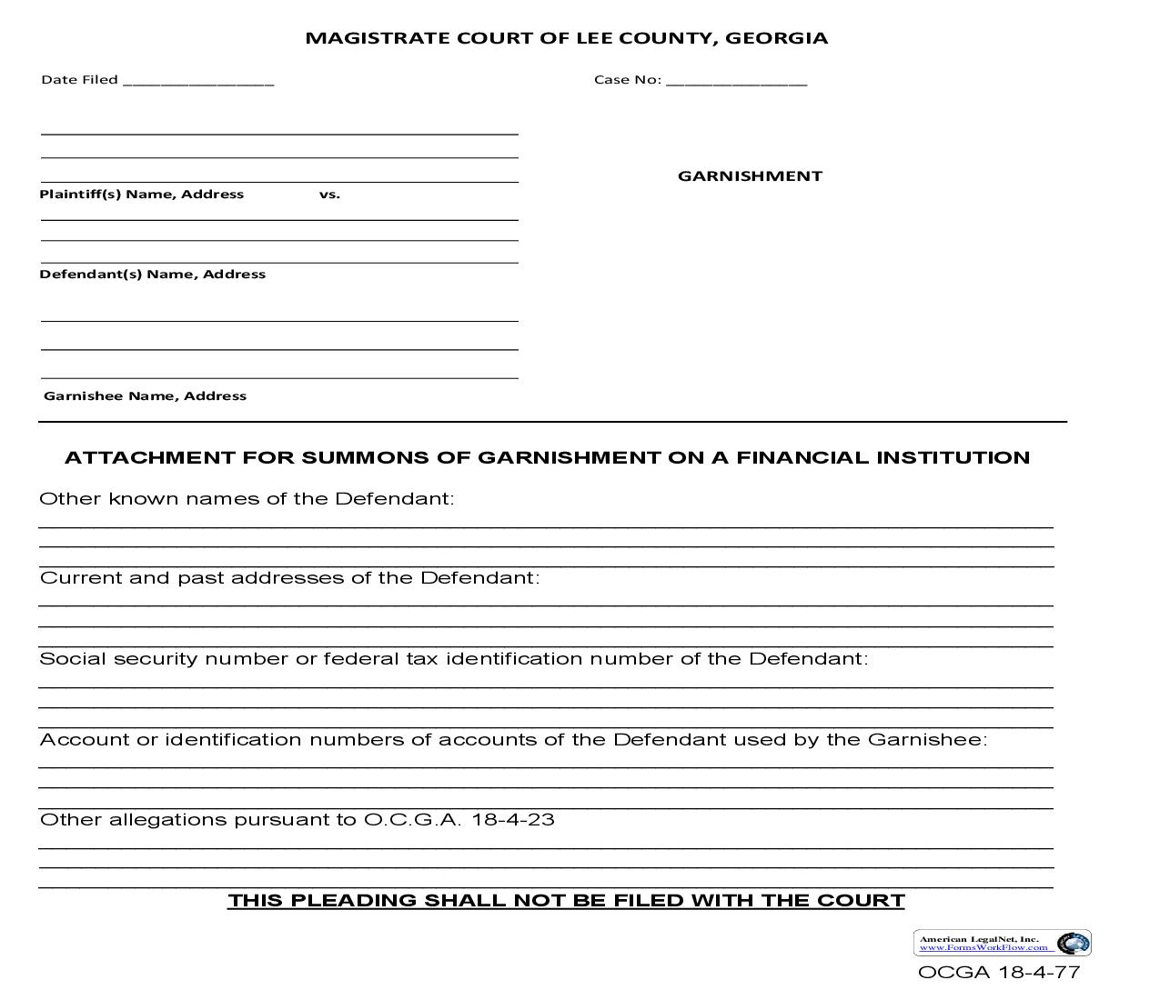Attachment For Summons of Garnishment On A Financial Institution | Pdf Fpdf Doc Docx | Georgia