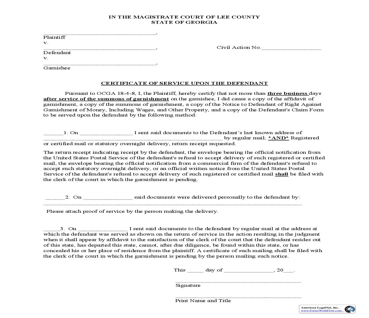 Certificate Of Service Upon The Defendant | Pdf Fpdf Doc Docx | Georgia
