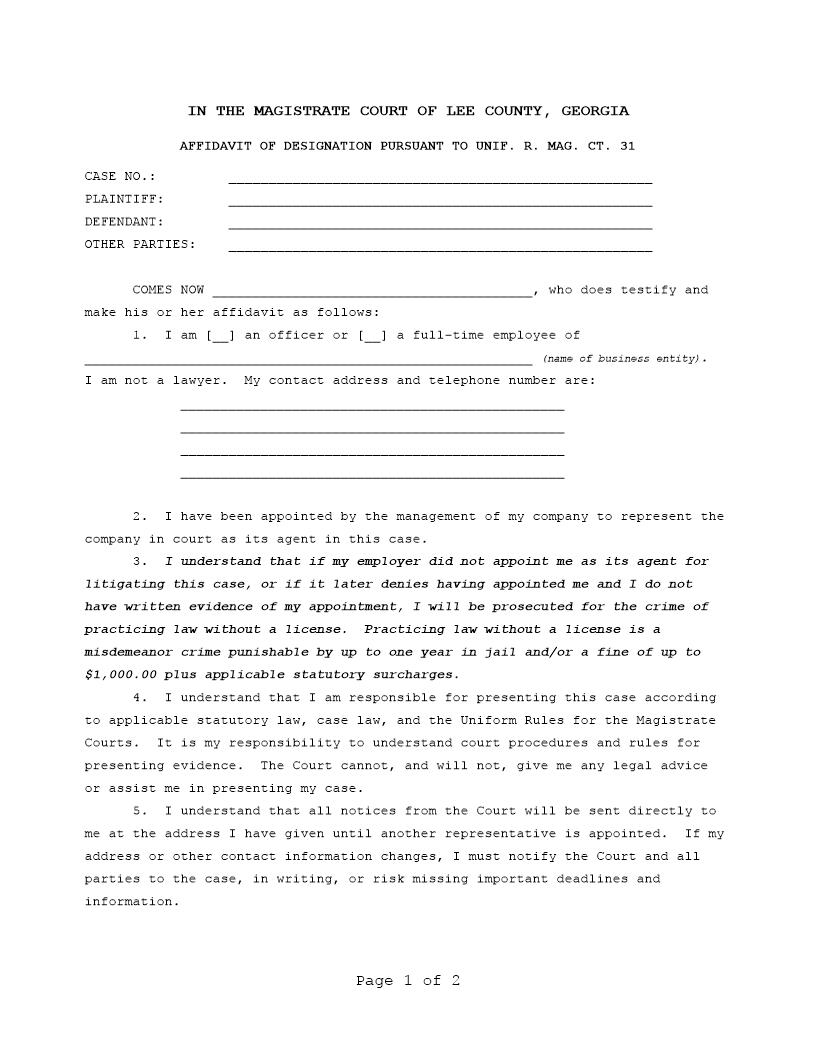 Designation Of Agent For Civil Actions | Pdf Fpdf Doc Docx | Georgia