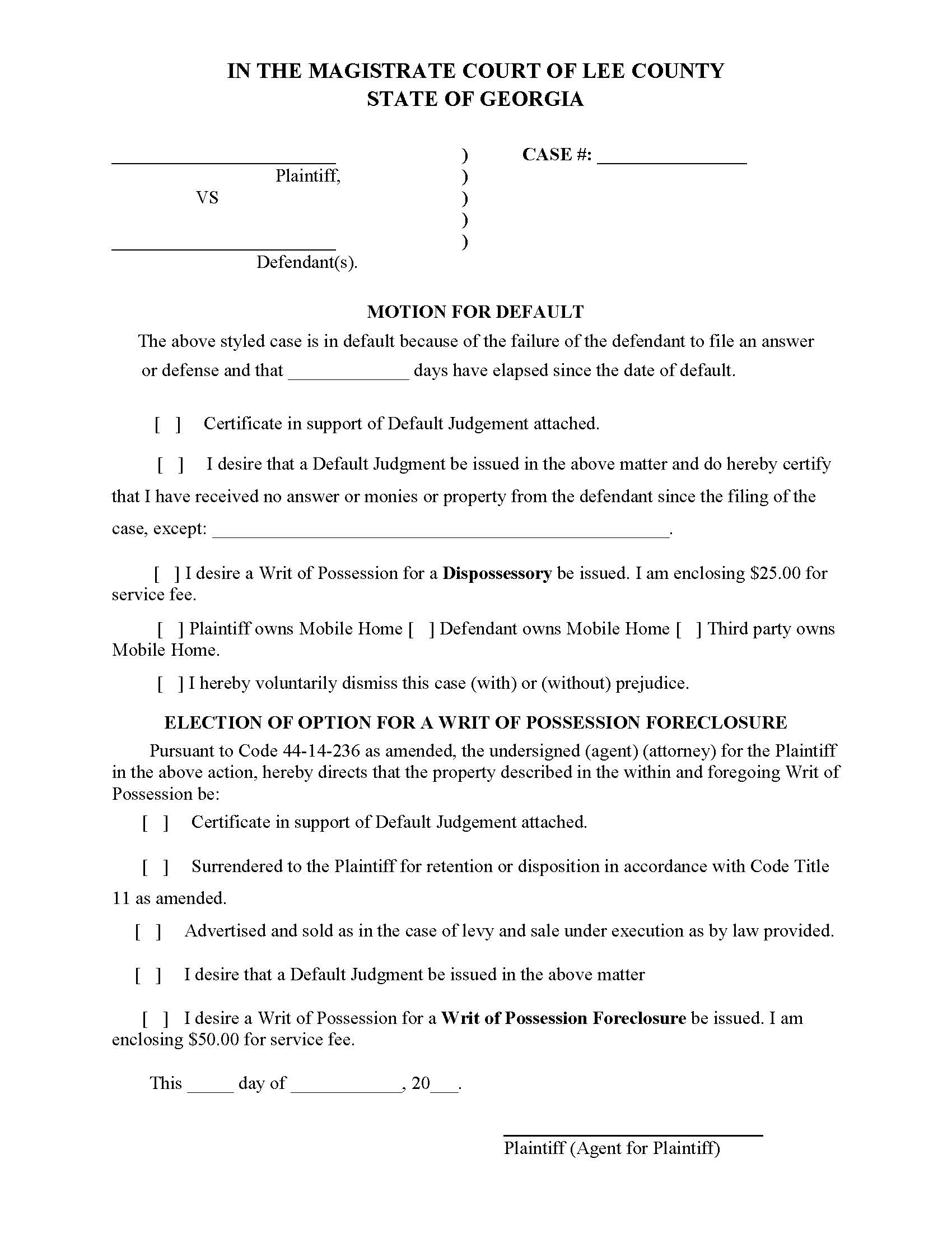 Motion For Default Judgment (And Writ Of Possession) | Pdf Fpdf Doc Docx | Georgia