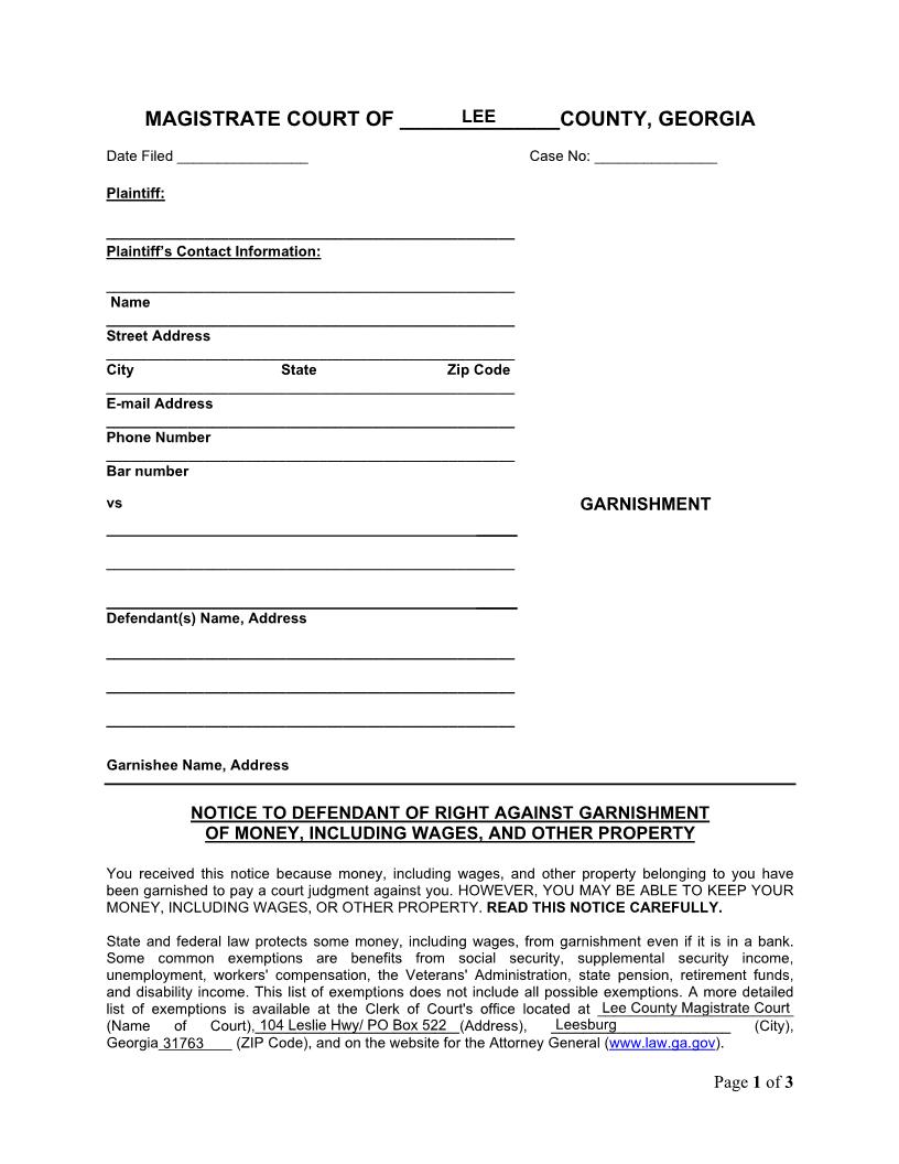 Notice To Defendant Of Right Against Garnishment Of Money | Pdf Fpdf Doc Docx | Georgia