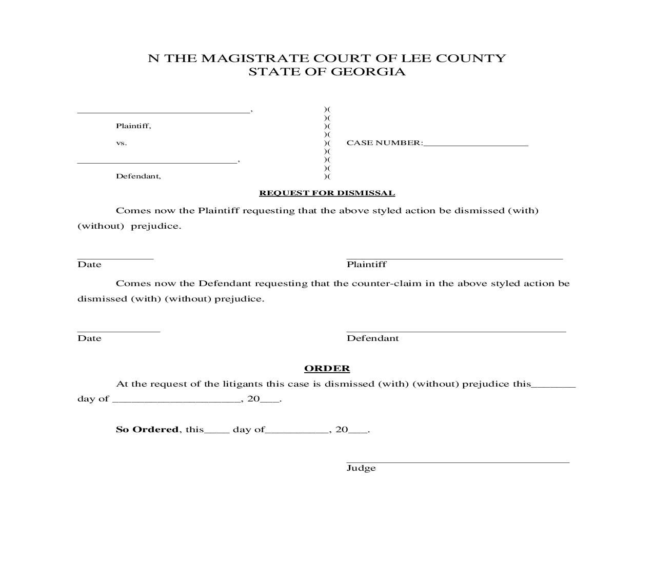 Request For Dismissal And Order (Of Dismissal) | Pdf Fpdf Doc Docx | Georgia