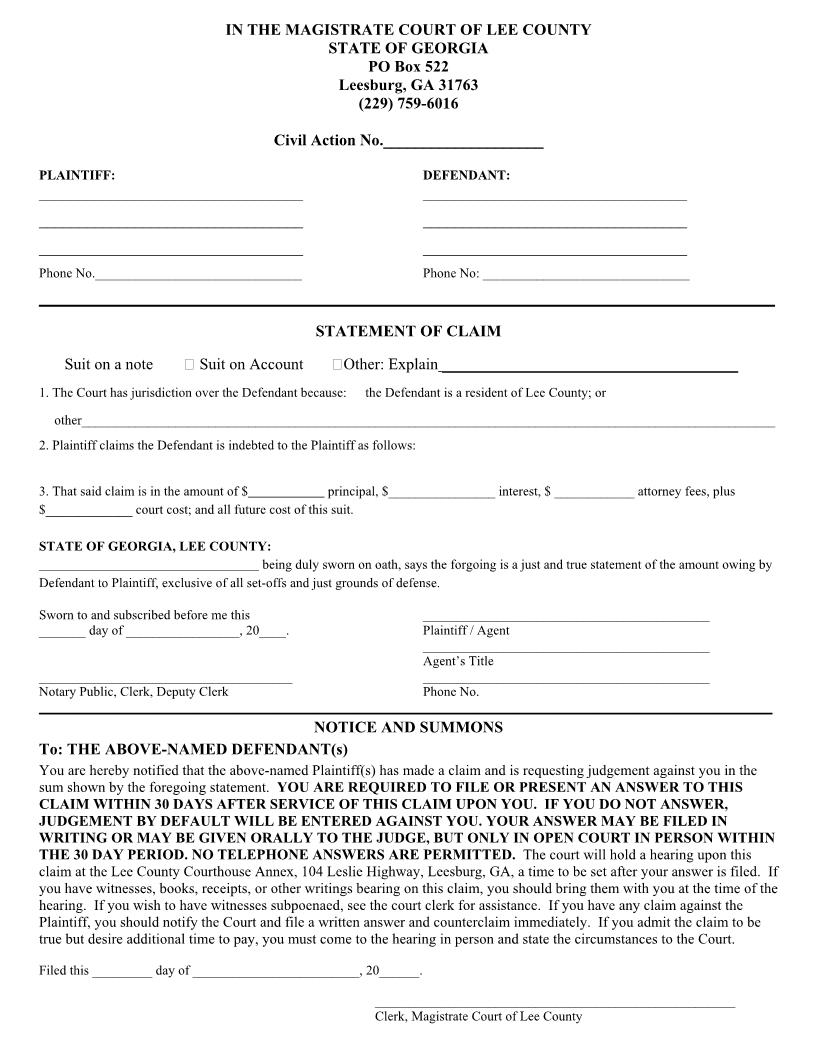 Statement Of Claim | Pdf Fpdf Doc Docx | Georgia