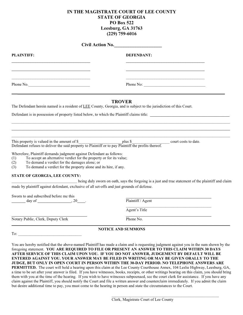 Trover (Claim-Notice And Summons) | Pdf Fpdf Doc Docx | Georgia