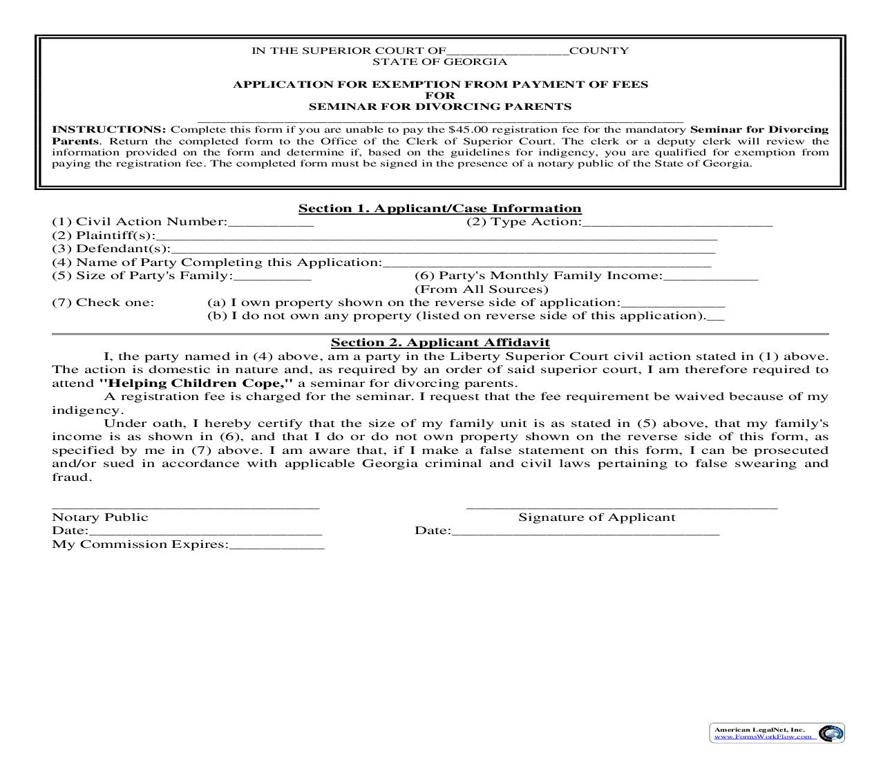 Application For Exemption From Payment Of Fees For Seminar For Divorcing Parents | Pdf Fpdf Doc Docx | Georgia