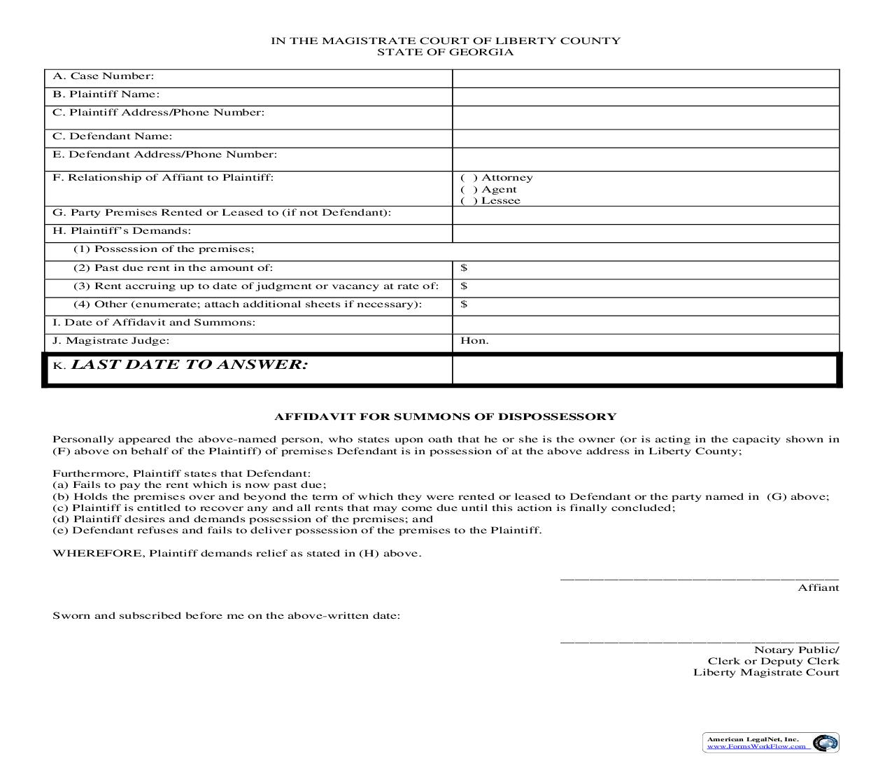 Affidavit For Summons Of Dispossessory And Summons | Pdf Fpdf Doc Docx | Georgia