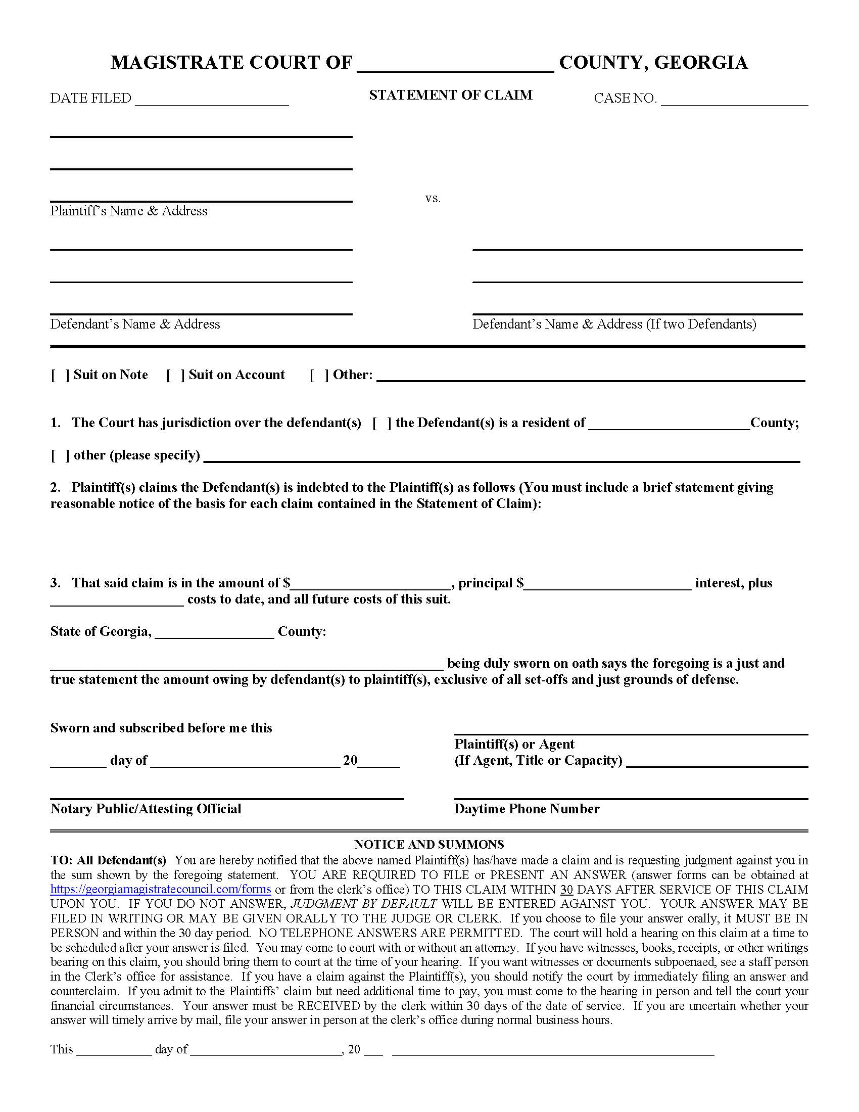 Statement Of Claim (Small Claim) | Pdf Fpdf Doc Docx | Georgia