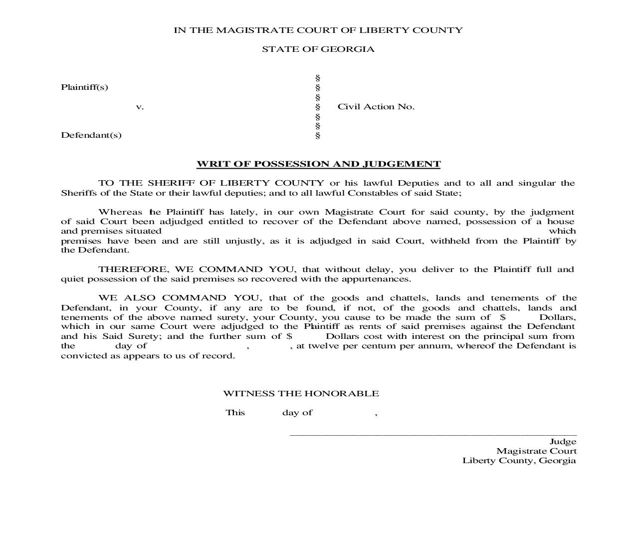 Writ Of Possession And Judgement | Pdf Fpdf Doc Docx | Georgia