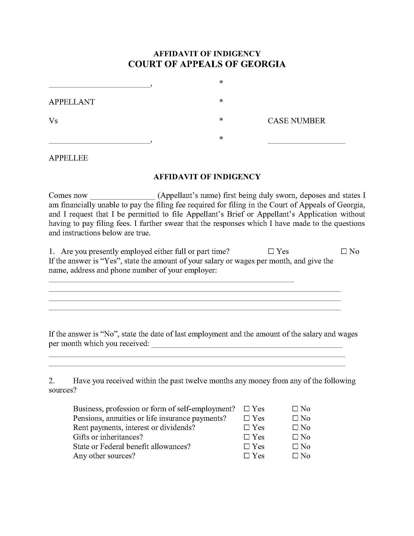 Affidavit Of Indigency | Pdf Fpdf Doc Docx | Georgia