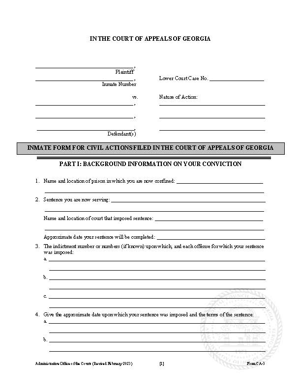 Appeals Inmate Form For Civil Actions Filed In The Court Of Appeals | Pdf Fpdf Docx | Georgia