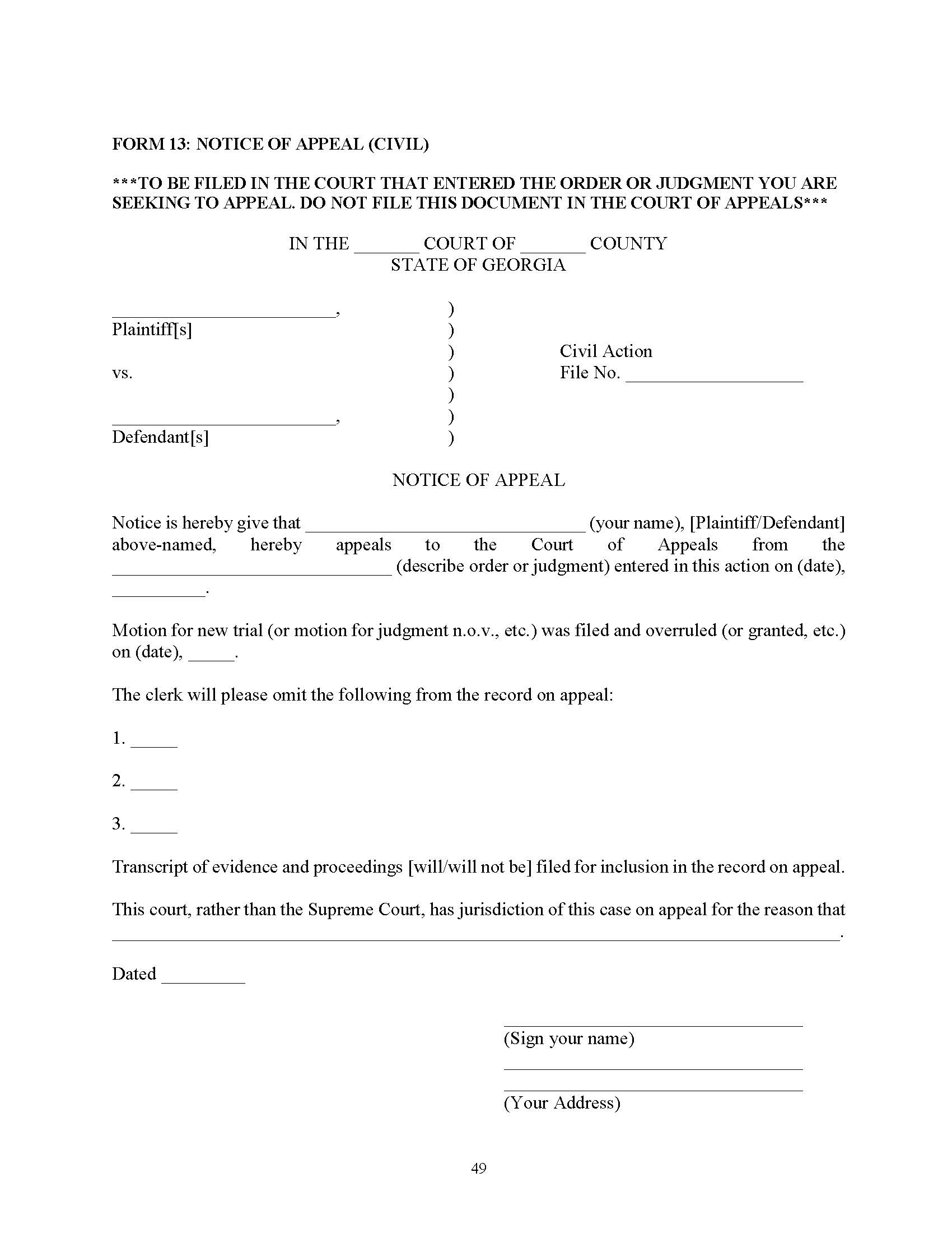 Notice Of Appeal (Civil) {13} | Pdf Fpdf Doc Docx | Georgia