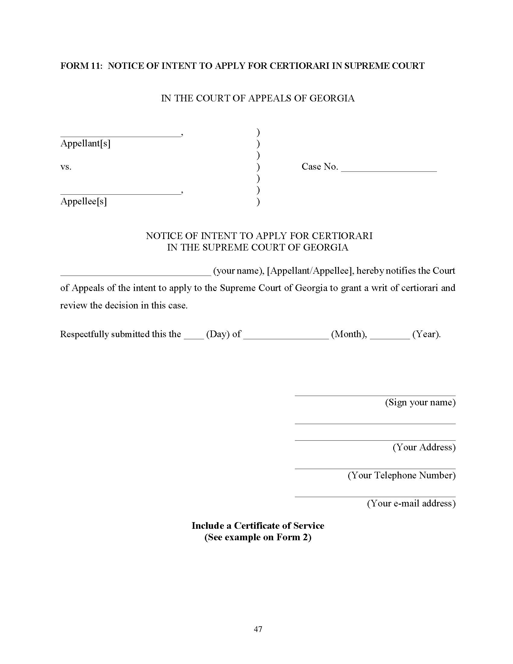 Notice Of Intent To Apply For Certiorari {11} | Pdf Fpdf Doc Docx | Georgia