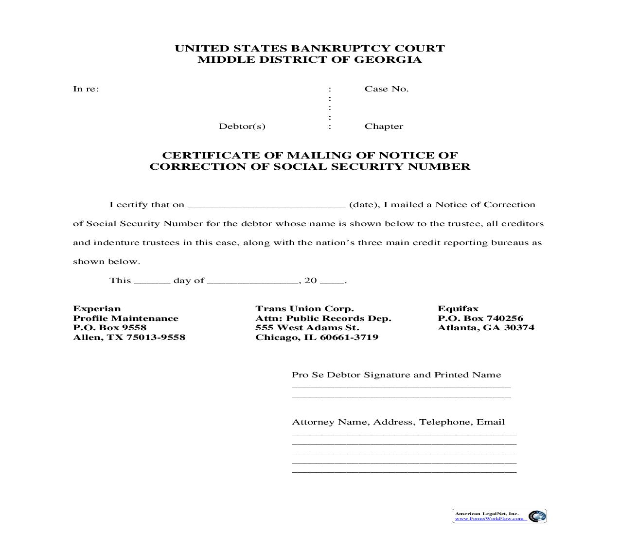 Certificate Of Mailing Of Notice Of Correction Of  Social Security Number | Pdf Fpdf Doc Docx | Georgia