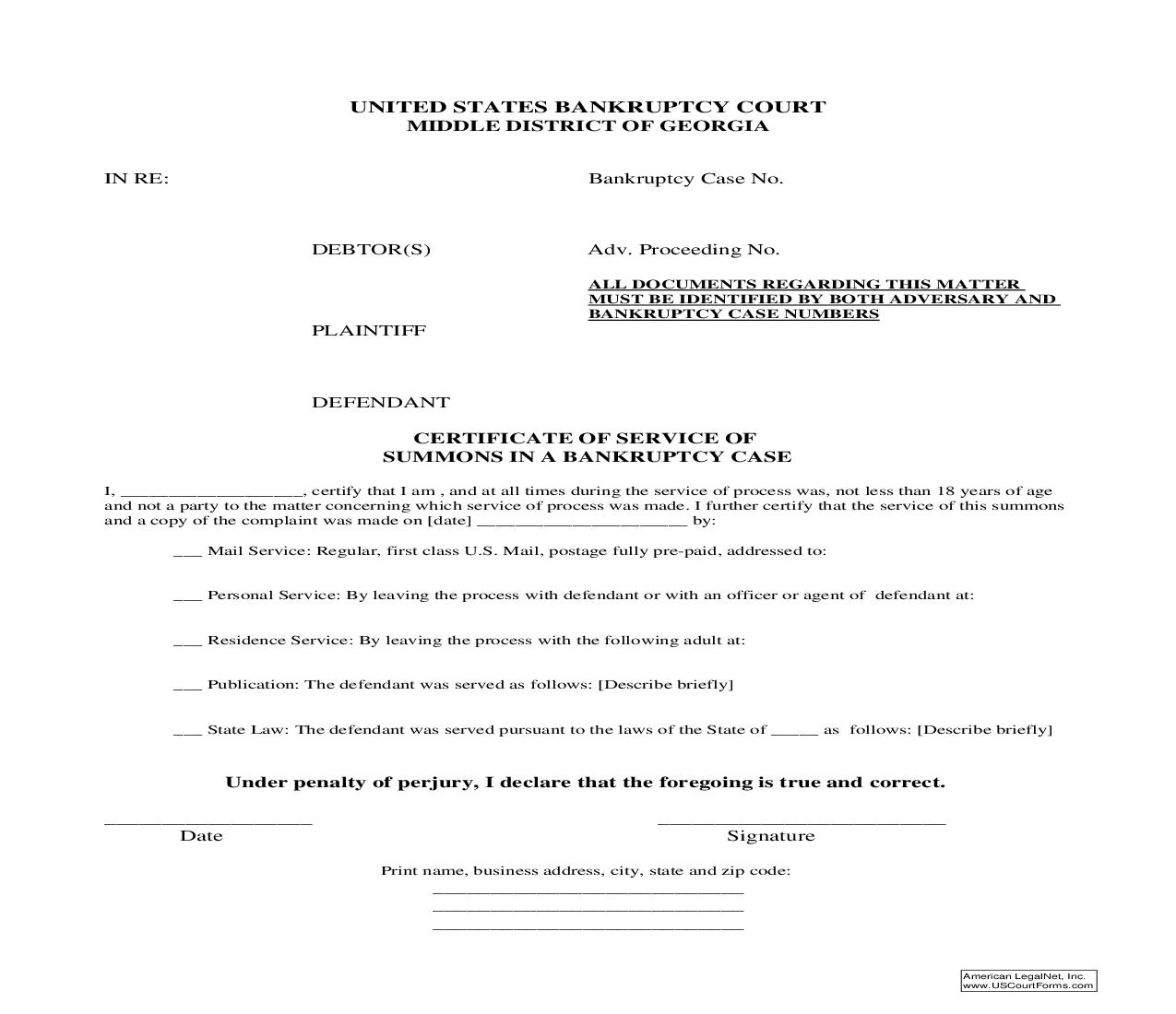 Certificate Of Service Of Summons In Bankruptcy Case | Pdf Fpdf Doc Docx | Georgia