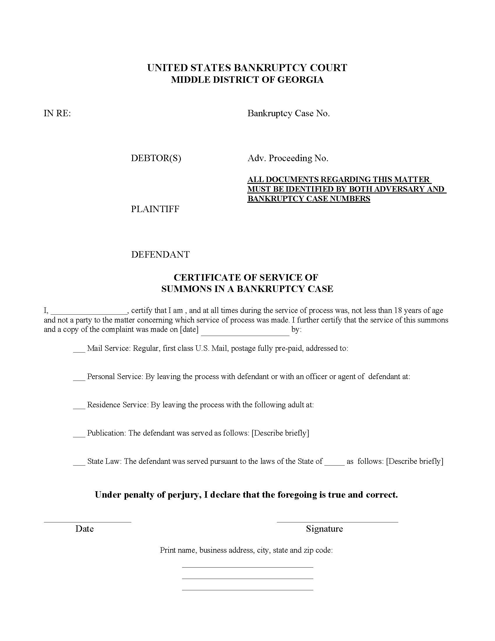 Certificate Of Service Of Summons In Bankruptcy Case | Pdf Fpdf Doc Docx | Georgia