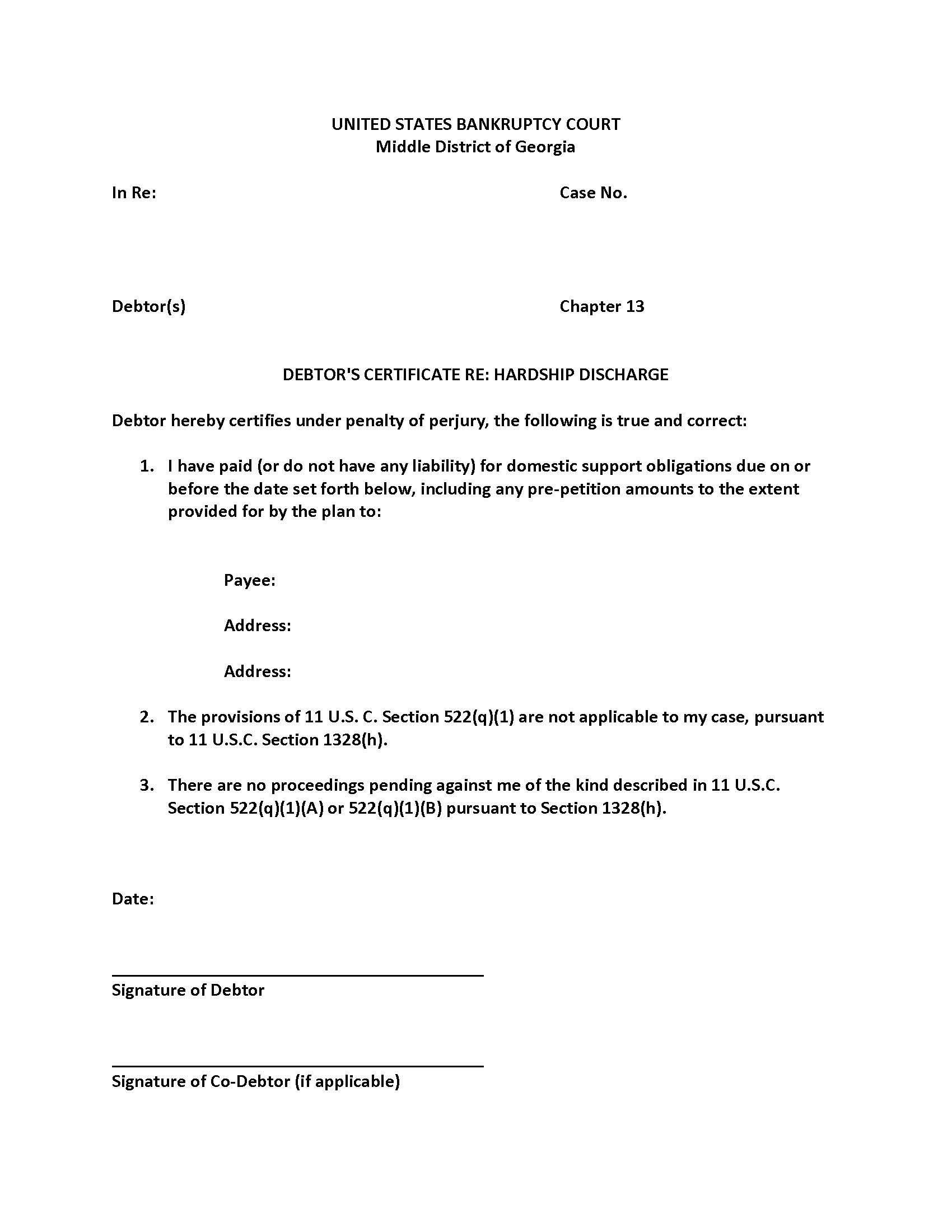 Debtors Certificate Regarding Hardship Discharge | Pdf Fpdf Doc Docx | Georgia