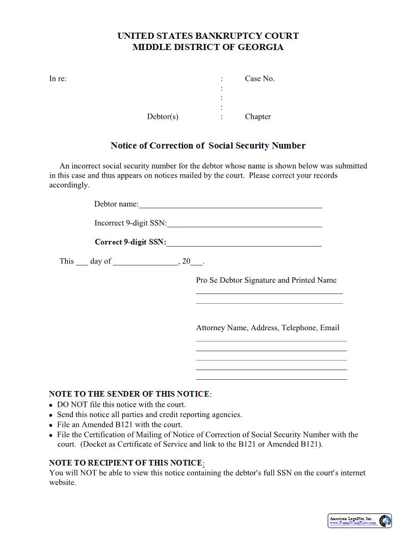 Notice Of Correction Of Social Security Number | Pdf Fpdf Docx | Georgia