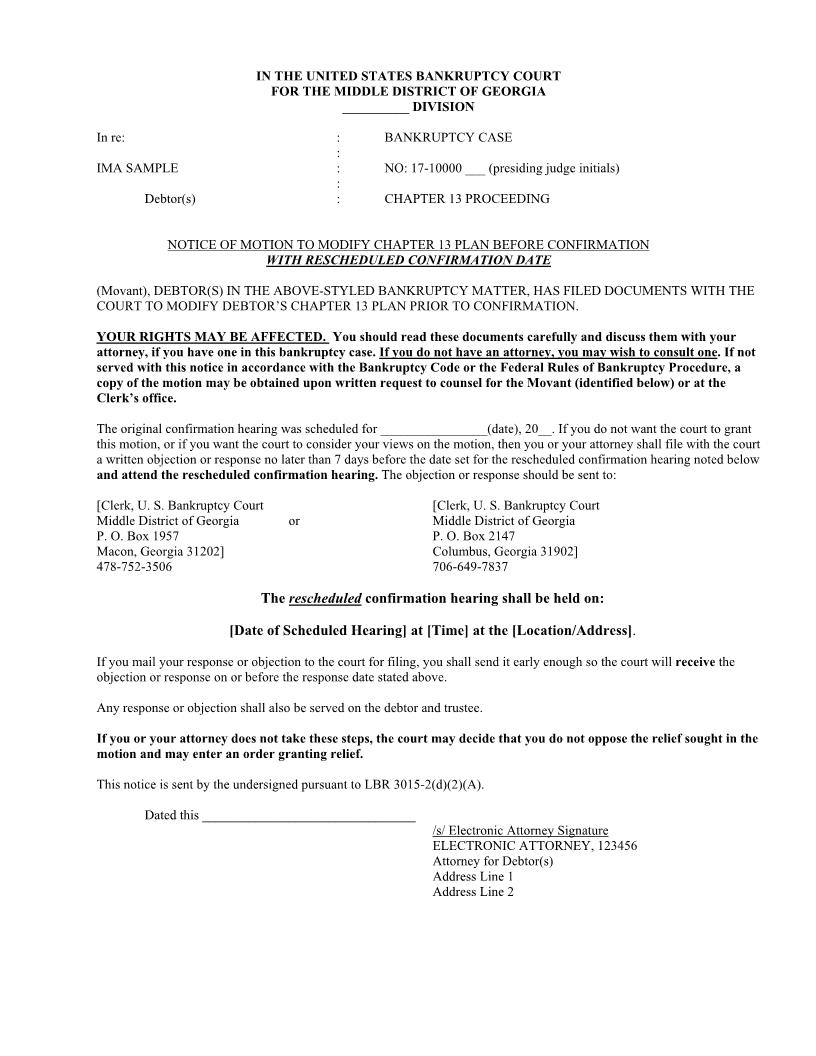 Notice Of Motion To Modify Chapter 13 Plan Before Confirmation | Pdf Fpdf Docx | Georgia