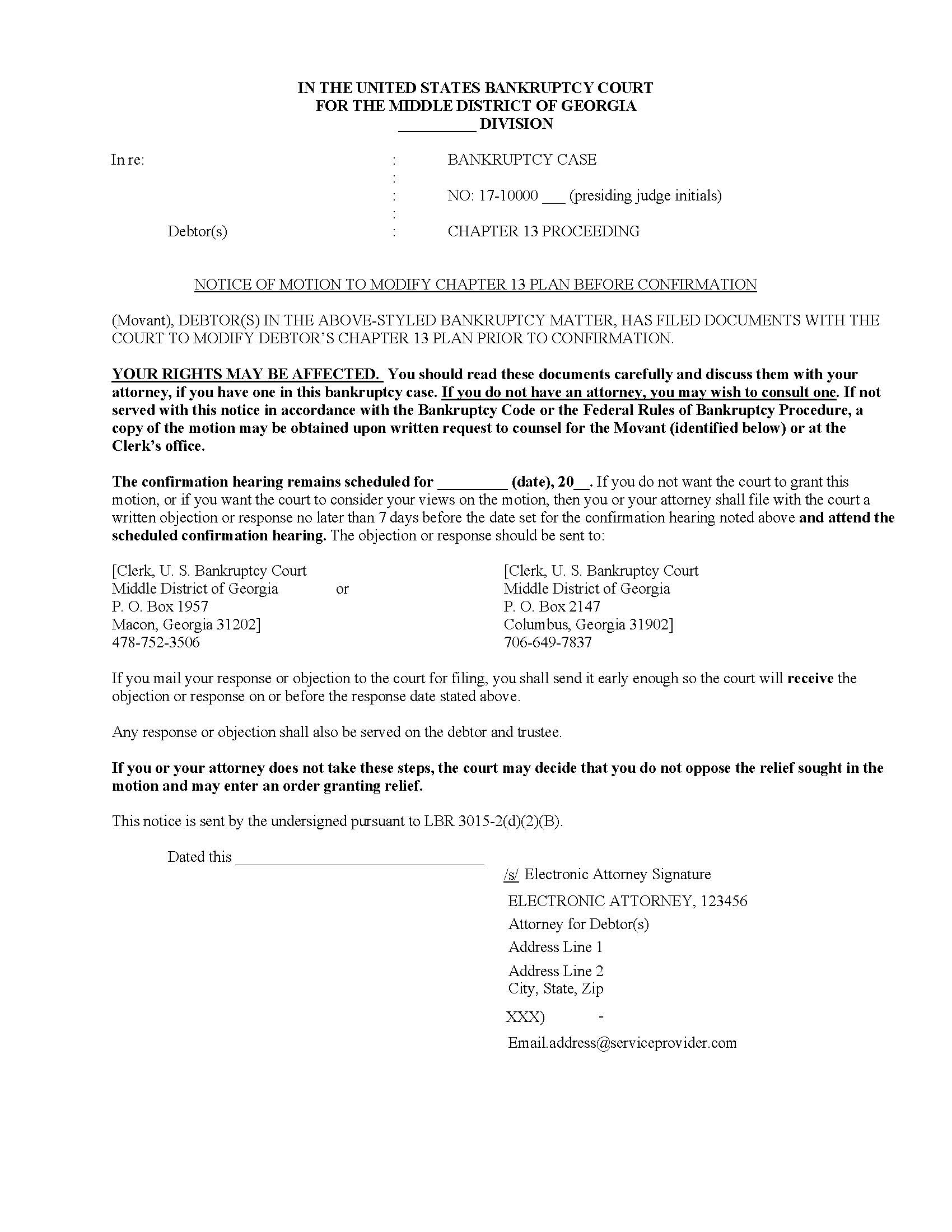 Notice Of Motion To Modify Chapter 13 Plan Before Confirmation | Pdf Fpdf Docx | Georgia