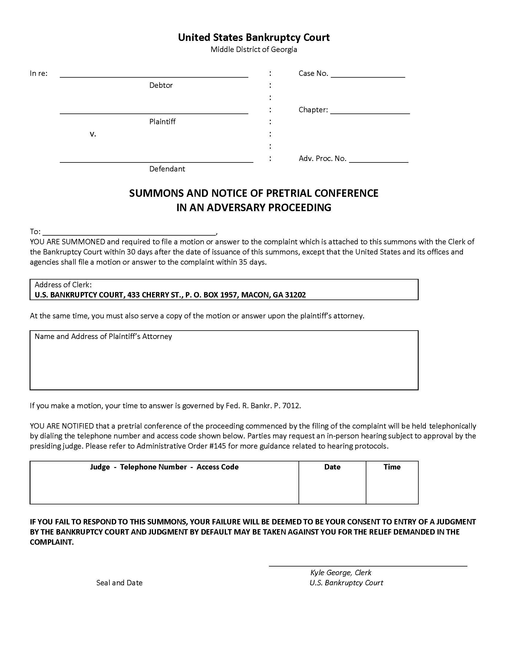 Summons And Notice Of Pretrial Conference  (Adversary) | Pdf Fpdf Doc Docx | Georgia