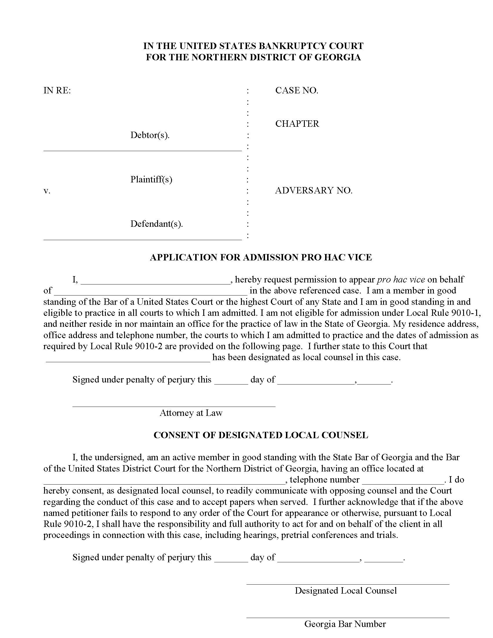 Application For Admission Pro Hac Vice  | Pdf Fpdf Doc Docx | Georgia